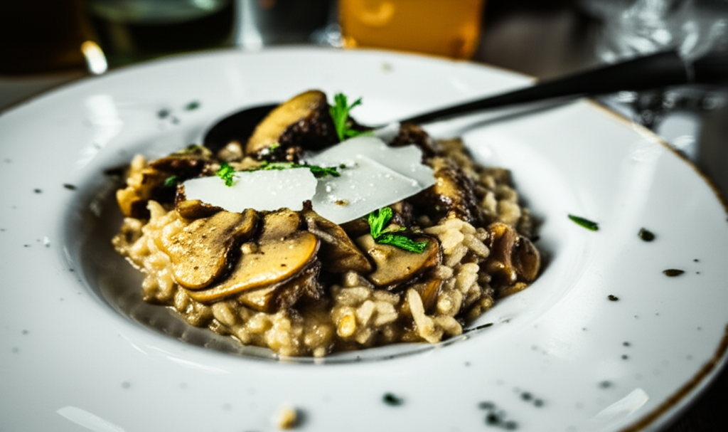 Plato de risotto de champiñones cremoso, decorado con lascas de parmesano y perejil fresco
