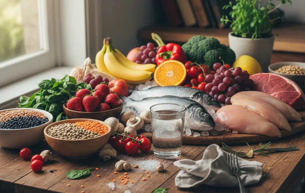 Alimentos frescos y coloridos: frutas, verduras, pescados, legumbres y carnes magras.