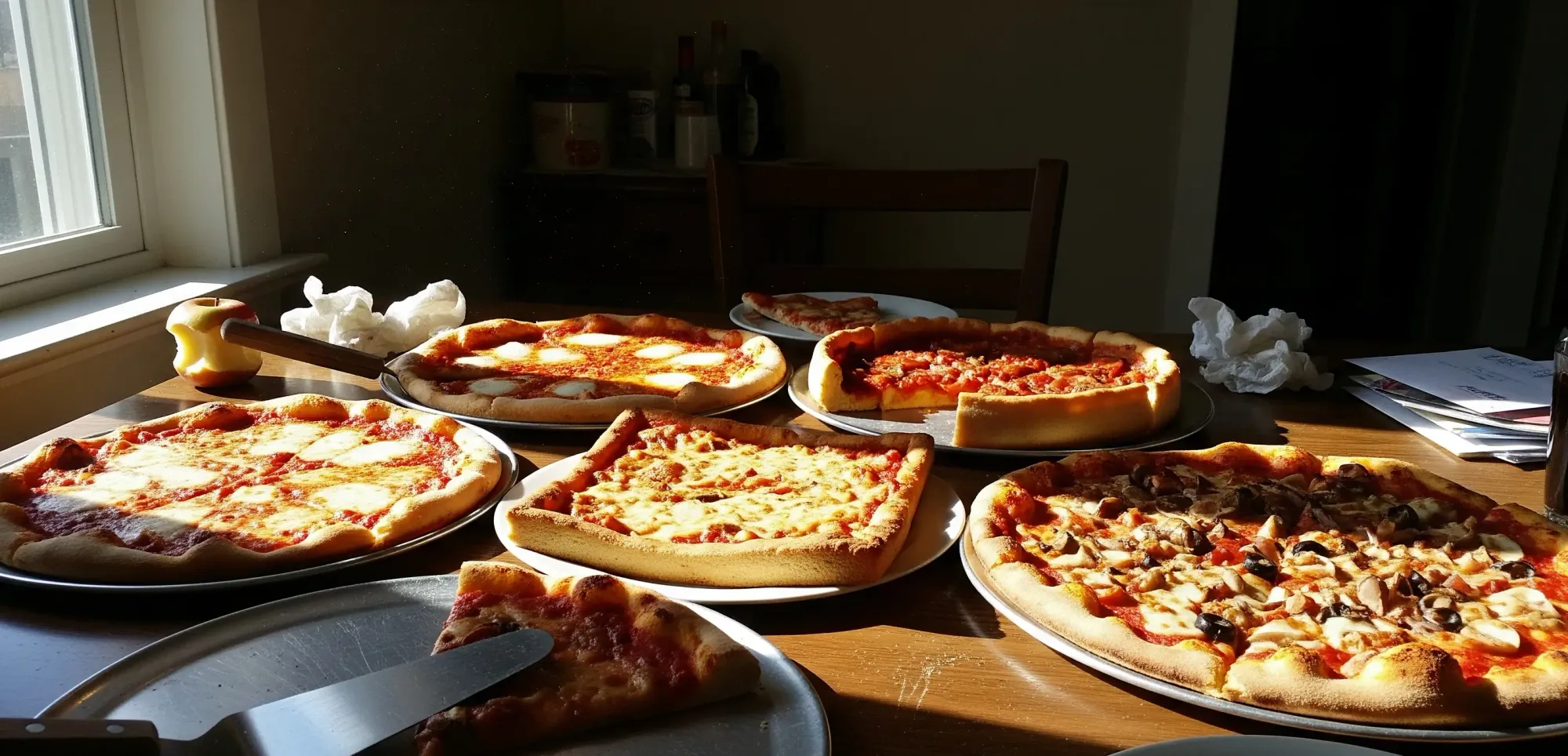 Mesa con varios tipos de pizza
