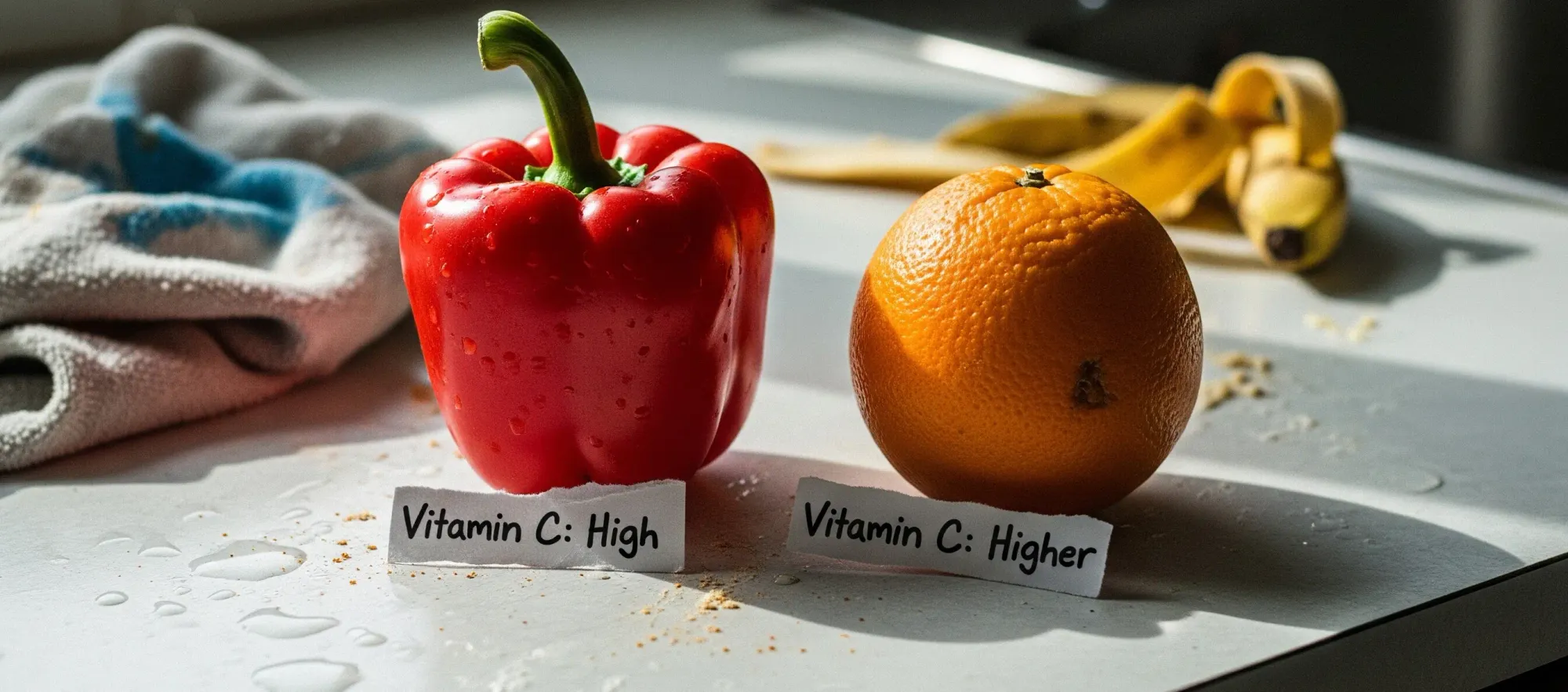 Naranja y un pimiento rojo