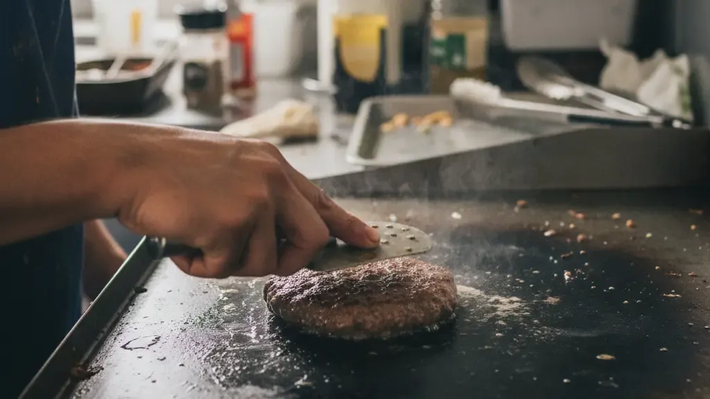 Cocinero usando un smasher para aplastar una bola de carne en la plancha “tecnica-smash-burger-aplastado