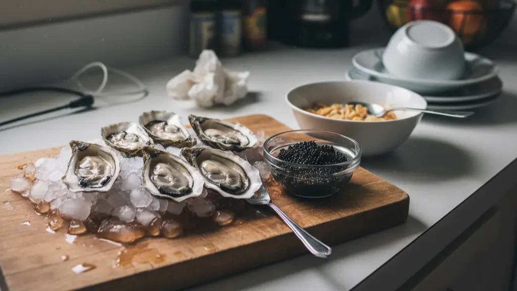 Ostras o caviar con una presentación lujosa